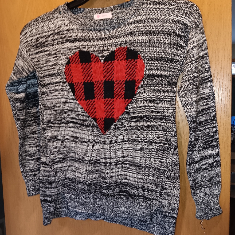Girls Size XL, Pinc Black and Gray Sweater with Red Plaid Heart